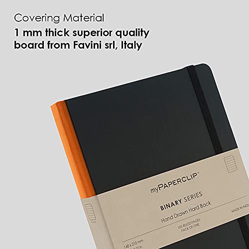 Image of myPAPERCLIP Binary Series - A5 Ruled Notebook | Italian Hardboard Cover | 192 Pages, 80 GSM Paper, A5 (5.83 x 8.27 in) | Thread Bound with Elastic Closure & Bookmark | Orange Spine
