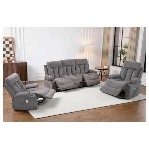 WiNVO Manual Recliner Sofa Set, 3 Piece Reclining Living Room Furniture Sets with Cup Holders for Home Theater, Office (Grey, Sofa+Chair+Chair)