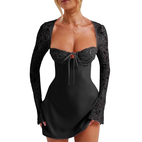 Image of Women Lace Mini Dress Sexy Square Neck Lace Long Sleeves Backless Tie-Up A-Line Short Dresses Cocktail Bodycon Dress