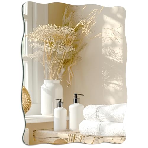 TSKDKIT Wall Mirror 40 x 30 cm Stick On Mirror for Walls Self Adhesive Frameless HD Glass Wavy Mirrors for Bathroom Hallway Bedroom
