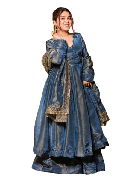 Women's Slate Blue Silk Blend Anarkali Gown with Embroidered Dupatta - 3-Piece Festive Salwar Kameez Set - Elegant Ethnic Long Flared Dress-image-38