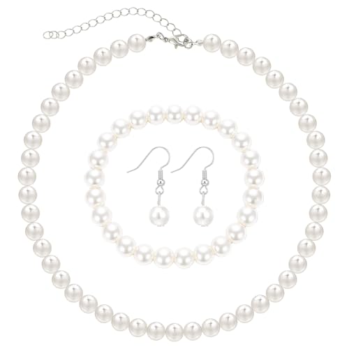 DOPENSPI Parure de bijoux 3 pièces avec collier, bracelet et boucles d'oreilles en fausses perles de 8 mm - Collier de perles synthétiques blanches - Bijoux fantaisie...