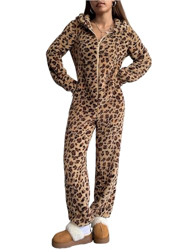 ZAFUL Womens Onesie Hooded Pajamas Fluffy Zipper Long Sleeve Fleece Jumpsuit Sleepwear 1-Dark Leopard M