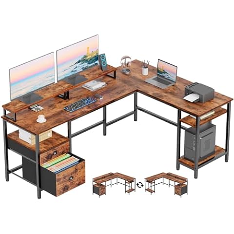 Furologee 66" L Shaped Computer Desk with Shelves, Reversible Corner Gaming Desk with File Drawer and Dual Monitor Stand, Large Home Office Desk Writing Study Table Workstation, Rustic Brown Cover