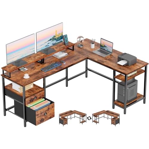 Furologee 66″ L Shaped Computer Desk with Shelves, Reversible Corner Gaming Desk with File Drawer and Dual Monitor Stand, Large Home Office Desk Writing Study Table Workstation, Rustic Brown