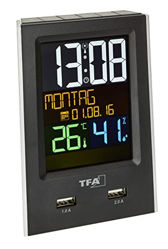 TFA Dostmann Charge-IT digitaler Funk-Wecker, 60.2537.01, mit USB-Ladefunktion, Raumklima, mit Kurzschlaftimer, schwarz, L 95 x B 61 x H 133 mm