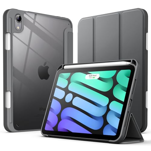 JETech Funda para iPad Mini (A17 Pro, Modelo 2024, 7.ª Gen) / Mini 6 (Modelo 2021, 6.ª Gen) con Portalápiz, Clara Carcasa Trasera Slim Soporte Antigolpes Cover Tableta (Gris Espacial)