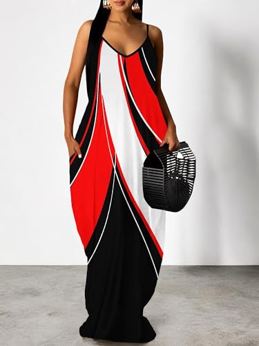 Image of Women's Summer Maxi Dress Spaghetti Strap Floral Boho Beach Long Sundress with Pockets
