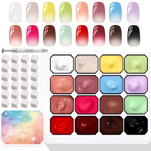 Woobena Pat Pat Gel Nail Polish Set 16 Colors Gradient Patting Gel Polish- Highly Pigmented Ombre & Blooming Gel for French Manicure DIY Nail Art with 100 Sponges & 1 Grabber UV/LED Cured