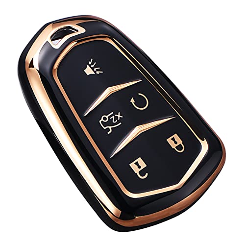 Cacacar for Cadillac Escalade Key Fob Cover for Cadillac ATS CTS CT6 STS SRX XT5 Key Fob Case Premium Soft TPU Full Protection Smart Key Holder (Black)
