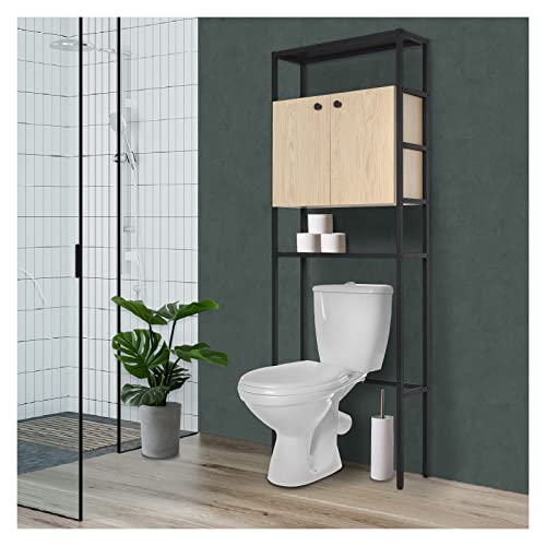 MOB-IN Etagère Pont WC Bois et métal Noir - avec Rangement fermé - 180x66cm
