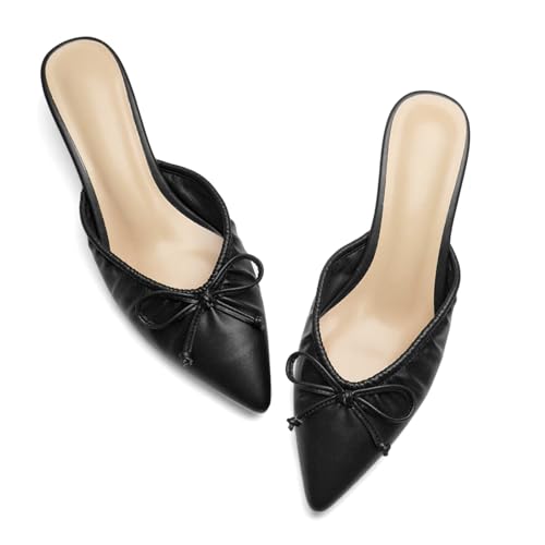 Women's Ruffled Pointed Toe Mule Sandals Bow Detailed Slip On Low Heeled Kitten Heels Slippers3