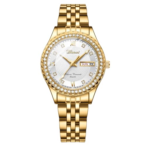 Image of JewelryWe Couple Gold Quartz Watch: Business Analog Full Diamond Day Date 3ATM Waterproof Luminous Hands Stainless Steel Removable Strap Casual Wrist Watch for Father's Day
