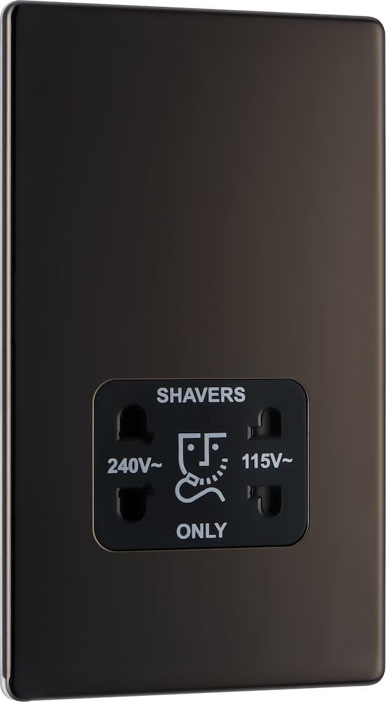 BG Electrical Dual Voltage Shaver Plug Socket, Electric Toothbrush Charger Socket for Bathrooms, Screwless Front Plate, Premium Flatplate, 2-Pin, Black Nickel, 115V / 240V, FBN20B