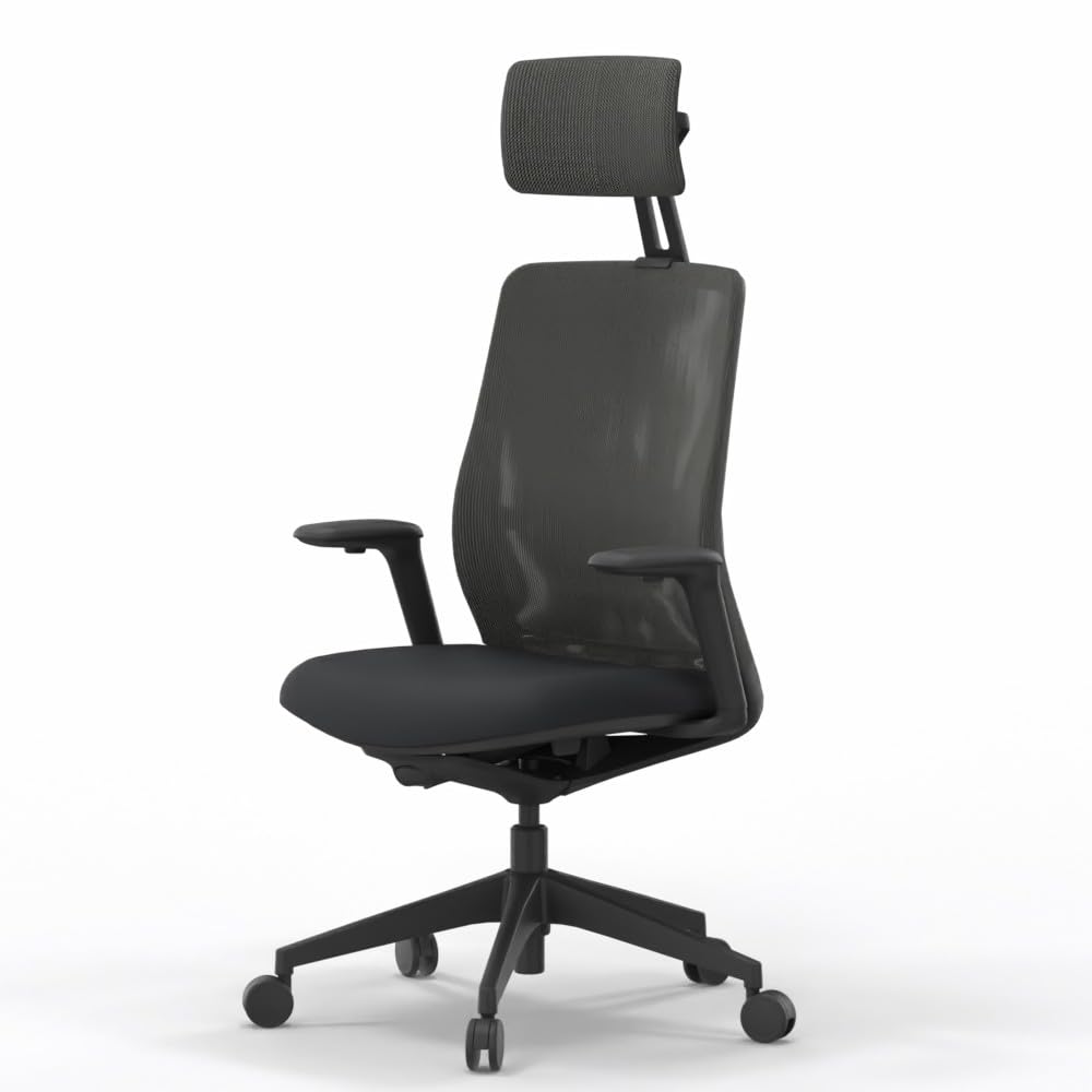Silla Profesional de Oficina Actiu A+S Work Carbon Black, Silla de Escritorio con Respaldo en Malla, Asiento, Brazos, Lumbar, Cabezal Regulables a Medida +120kg (con Cabezal)