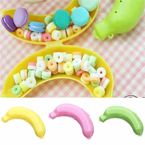 Image of Pack of 3 Banana Shaped Snack Box for Kids & Adults | Portable Dry Fruit Container with Ventilation Holes | Food Grade Plastic Travel Storage Case for Nuts, Snacks & Lunch (Yellow pink green)