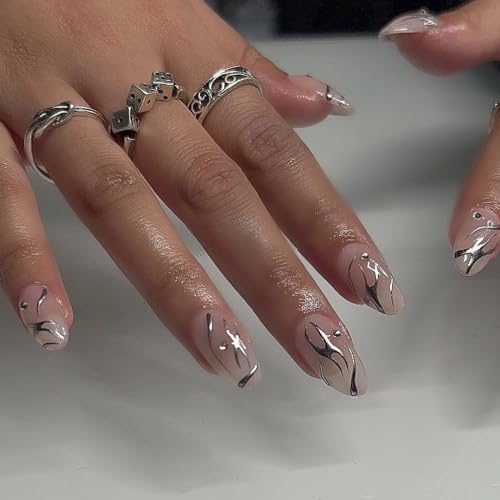 MISUD Press on Nails Medium Almond Fake Nails Glossy Glue on Nails Chrome Swirl Acrylic Nails Stiletto Silver Aurora Artificial Nails 3D Pearl Flash False Nails with Design 24 pcs - Image 3