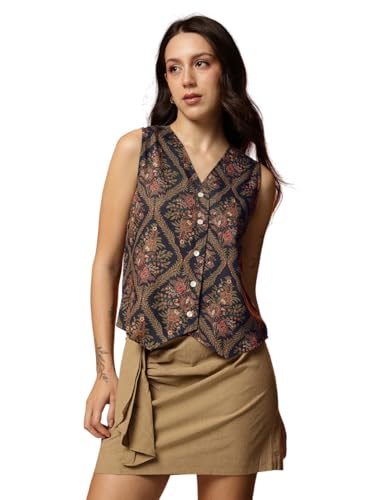 Image of Amazon Brand - INKAST Women Floral Printed Button Down V-Neck Tunic Top|Sleeveless|Ethnic Crop Top