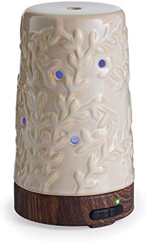 Airome Flourish Medium Ceramic Essential Oil Diffuser|100 mL Humidifying Ultrasonic Aromatherapy Diffuser 8 Colorful LED Lights, Intermittent & Continual Mist, Auto Shut-Off, Cream
