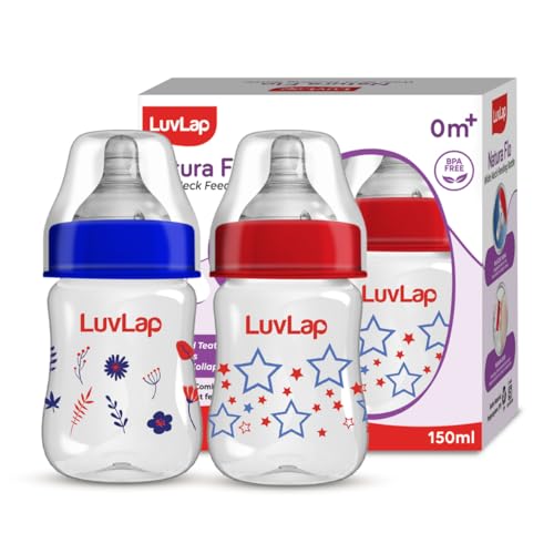Image of LuvLap Anti-Colic Wide Neck Natura Flo Baby Feeding Bottle, 150ml (Pack of 2), New Born /Infants /Toddler Upto 3 Years, Stars, BPA Free