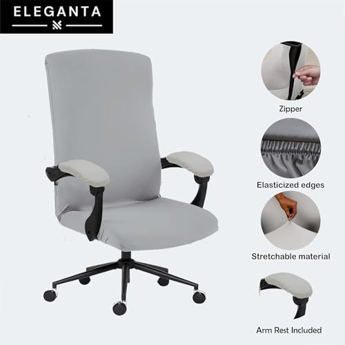 Image of Eleganta Stretch Boss Office Chair Cover Printed Computer Chair Covers with Armrest Cover Universal Removable Spandex Rotating Chair Slipcovers Soft Desk Chair Seat Protector Solid Grey (Pack of 2)