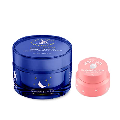 FACETORY Moon Velvet Sleeping Mask and Berry Jam Lip Sleeping Mask Set - With Shea Butter and Strawberry Extract - Nourishing, Calming, Moisturizing, Overnight Face and Lip Mask Bundle