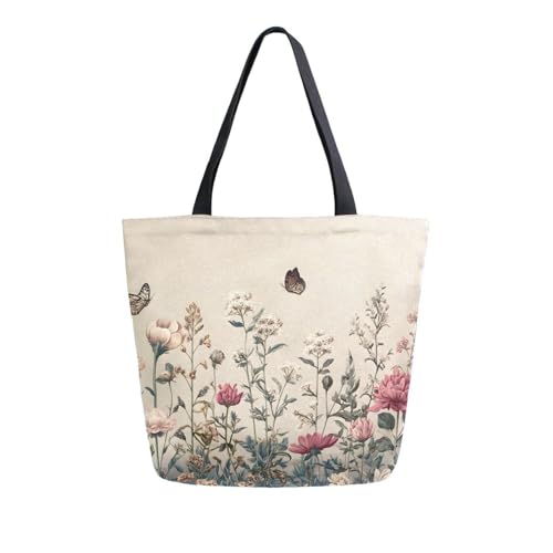 Extra Large Shoulder Tote Bag for Beach Travel Weekender Gym Vintage Wildflowers Butterfly Red Green Beige Reusable Grocery Canvas Shopping Bag2