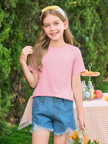 Image of Haloumoning Girls Short Sleeve T Shirts Summer Crewneck Shirt 5-14 Years | Casual, Solid, Loose Fit, Basic tees, Curve Hem, Soft Tunic Tops