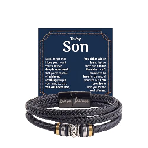 Image of To My Son /Grandson Bracelet From Mom Grandmother, Forever Linked Together Black Braided Leather Infinity Knot Inspirational Bracelets Engraved Love You Forever Birthday Gift Jewelry