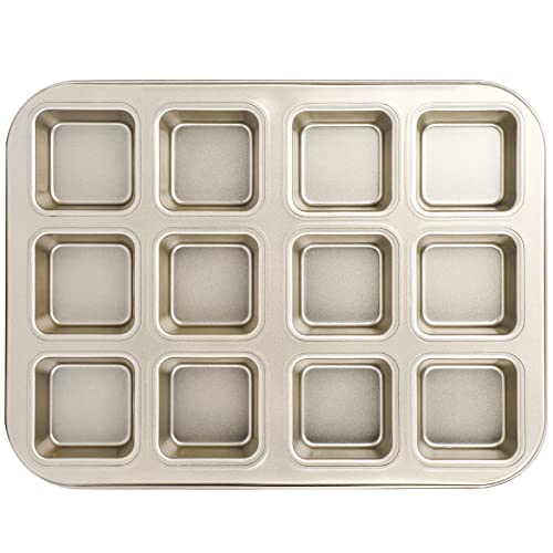 Beasea Brownie Pan with Dividers, 1 Set Gold All Edges Square Cupcake Brownie Pans 12 Cavity Mini Non Stick Baking Carbon Steel Bread Mold Small Edge 3x4 Individual Cutter Sheet Tray for Cake Oven
