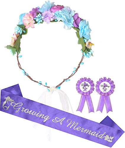 meant2tobe baby shower decoration for mom to be and dad to be, purple and blue flowers style tiara & purple & silver sash & purple & white "daddy to be" pin, maternity gift for her and him