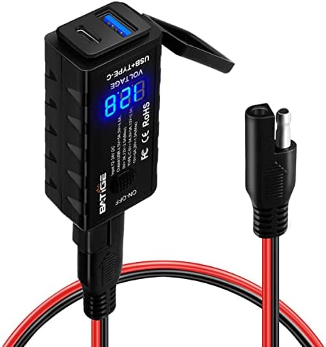 BATIGE Motorcycle USB Charger SAE to USB Adapter Type C and Quick Charge USB 3.0 with Voltmeter, ON/Off Switch and 3.6FT SAE Extension Cable Waterproof 3 Install Options for GPS Smartphone Camera