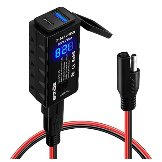 BATIGE Motorcycle USB Charger SAE to USB Adapter Type C and Quick Charge USB 3.0 with Voltmeter, ON/Off Switch and 3.6FT SAE Extension Cable Waterproof 3 Install Options for GPS Smartphone Camera