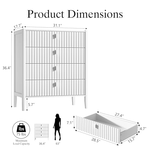 Image of Furniway White 4 Drawer Dresser, 31.5 inch Wide Modern Chest of Drawers with Fluted Front and Metal Handles, Storage Dresser for Bedroom, Living Room, or Entryway