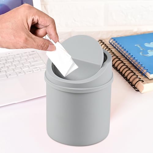 Image of Plastic Mini Trash Can with Swing Lid, 0.5 Gallon Desktop Tiny Rubbish Bin, Grey