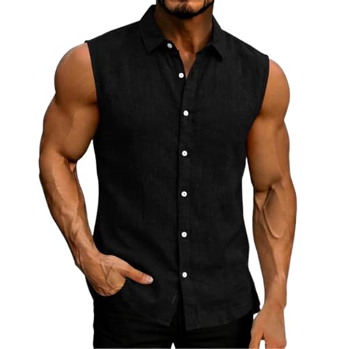 Chemise lin sans manches homme au tissage fin et col pointu chic