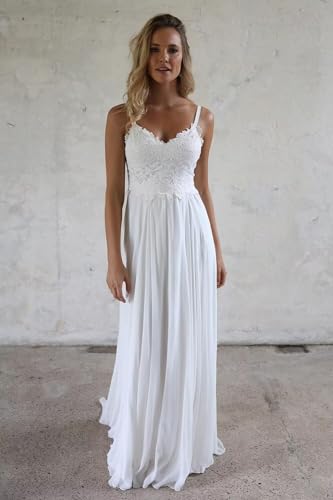 Image of Women's V Neck Spaghetti Straps Beach Wedding Dresses for Bride, Long A-Line Chiffon Bridal Gown Lace Wedding Gowns