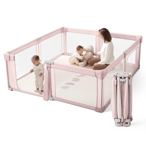 Image of Baby Playpen Portable, Pre-Assembled Play Pen 71x79 Large Foldable Playpen for Babies and Toddlers, Sturdy and Safe Toddler Play Yard Indoor Outdoor with Carry Bag, Pink