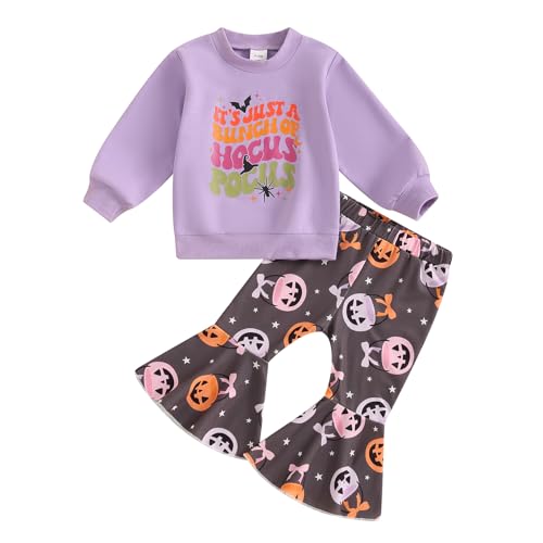 Image of Dcohmch Toddler Girl Halloween Outfits Long Sleeve Letter Print Sweatshirt Pumpkin Bell Bottom Pants 2Pcs Fall Clothes (Purple, 6-12 Months)