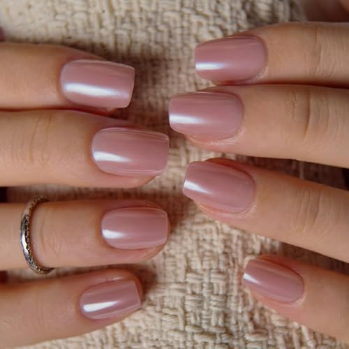 Image of CurLife Press On Nails Short Square, Pink Pearl Clean Girl Fake Nails, Mirror Powder Stick On Nails, Reusable Acryic Nails for Women Daily Wear, 16 Sizes - 32 Nail Kit with Glue & Adhesive Tabs