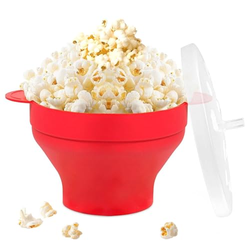 Palomitero Microondas, Plegable Recipiente para Cocinar Palomitas con Tapa y Asa, Palomitero de Silicona para Microondas, Sin bisfenol A, Palomitero Para Fiestas, Cocinas, Eventos Festivos, Rojo