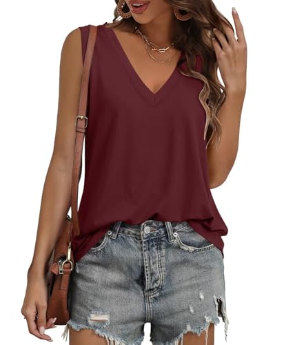 KKJ 2 Pack Womens Tank Tops Workout V Neck Tees Summer Sleeveless Loose Fit Casual Outfits Shirts Fall Fashion Clothes