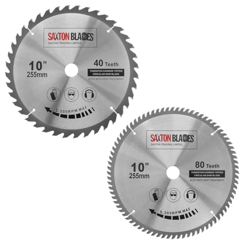 Lames de scie circulaire en bois Saxton TCT Mitre 255 mm x 40 et 80 dents x alésage de 25,4 mm compatibles avec les scies Evolution Rage (Lot de 2)