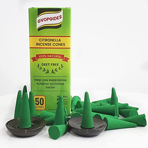 GVOPGIDES Citronella Incense Cones (50 Cones) with 2 Ceramic Dishes, 30 Min Burn Time, Plant Based Ingredients