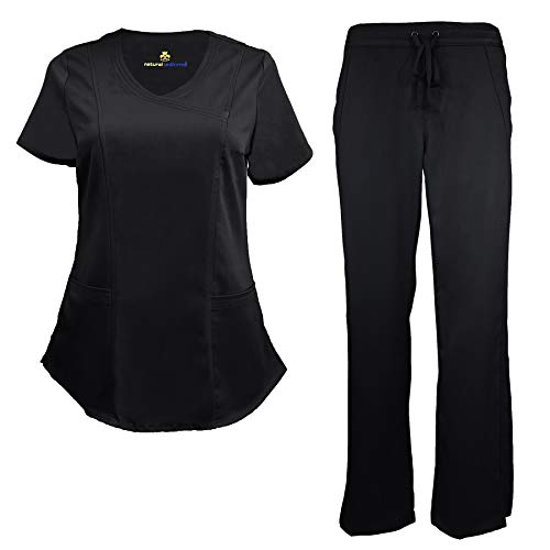 Natural Uniforms Women's Ultra Soft Modern Fit Mock Wrap Work Uniform Top and Pant Set (Black, 2X-Large)