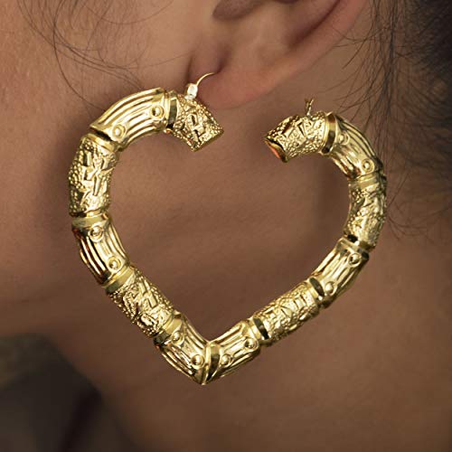 LoveBling 10K Yellow Gold Heart Bamboo Hoops #TOP30