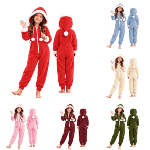 Girls Chrismas Pom Pom Hoodie Faux Fur Trim Drawstring Fleece Jumpsuit Xmas | Girls Chrismas Pom Pom Hoodie,Long Sleeve,Faux Fur Trimdx Drawstring Fleece Jumpsuit,Xmas,Winter Warm,Holiday,Soft Fashion - image 1