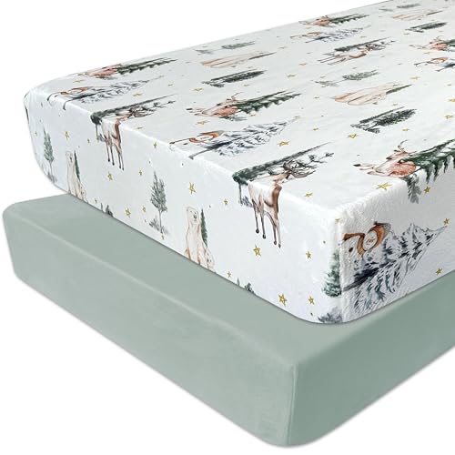 Image of AMROSE 2 Pack Flannel Fleece Crib Sheets, Winter Woodland