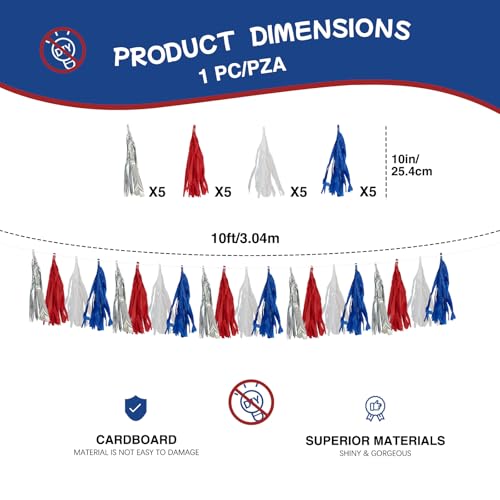 Image of 4th of July Decorations Tassel Garland - 10FT Red White Blue Silver Fringe Banner, No DIY Tissue Paper banner for Independence Day, America Patriotic Party,Memorial Day,Labor Day
