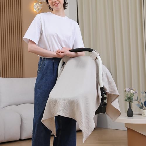 Image of 100% Muslin Cotton Car Seat Cover Baby, Carseat Canopy Cover, Universal Fit Stroller Covers for Boys and Girls (Summer Wheat)